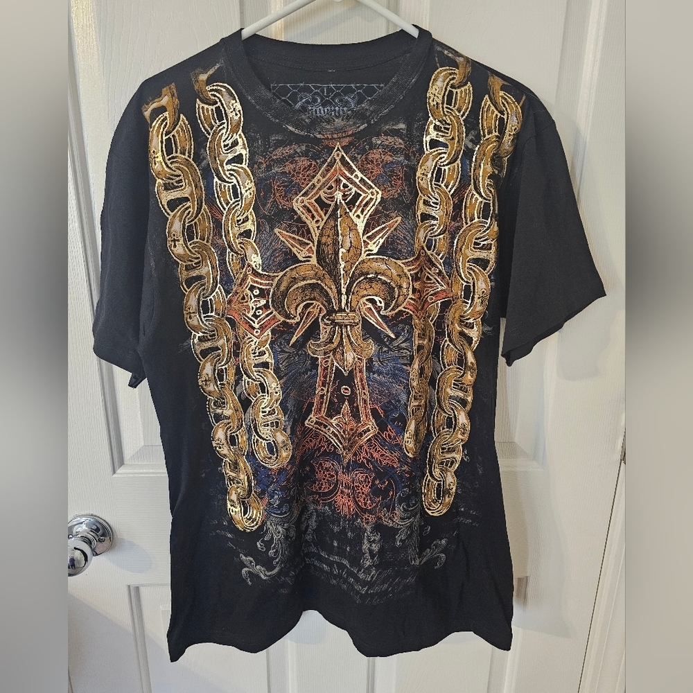 Affliction Style Y2K Street Wear Chain Gold Shirt Mens Size L Cotton